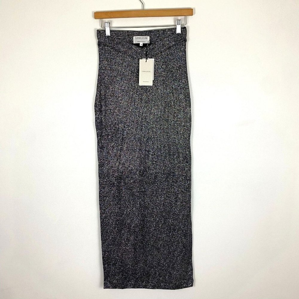 Lama Jouni Slinky Maxi Skirt Medium Black Silver‎ Sparkly Holiday High Slits NEW